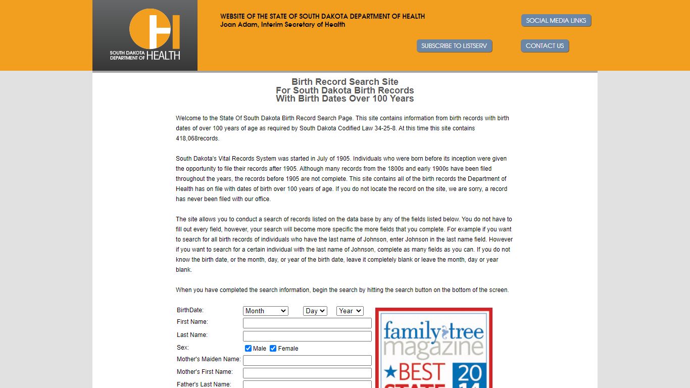South Dakota Department of Health - Birth Record Search Site